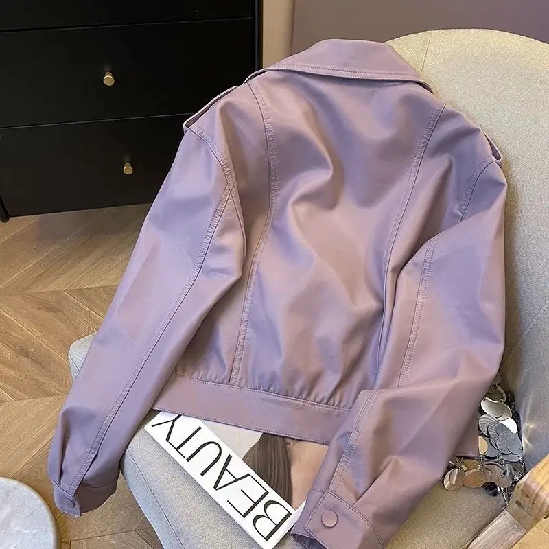 Women's Motorcycle Sle Leather Jaet Loose Fit Turn-down Collar ort Coat Upperwear Autumn New Arrival Premium Feeling