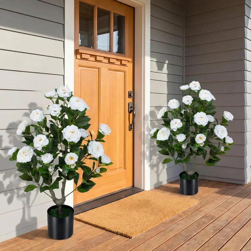 

2-Pack Artificial Camellia Tree Faux Flower Plant in Cement-Filled Pot-White