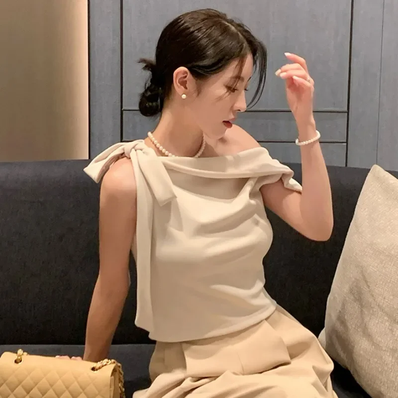 Women's Off-Shoulder Blouse with Bow Detail Elegant Draped Silky Top Pearl Accent Luxury Look Special