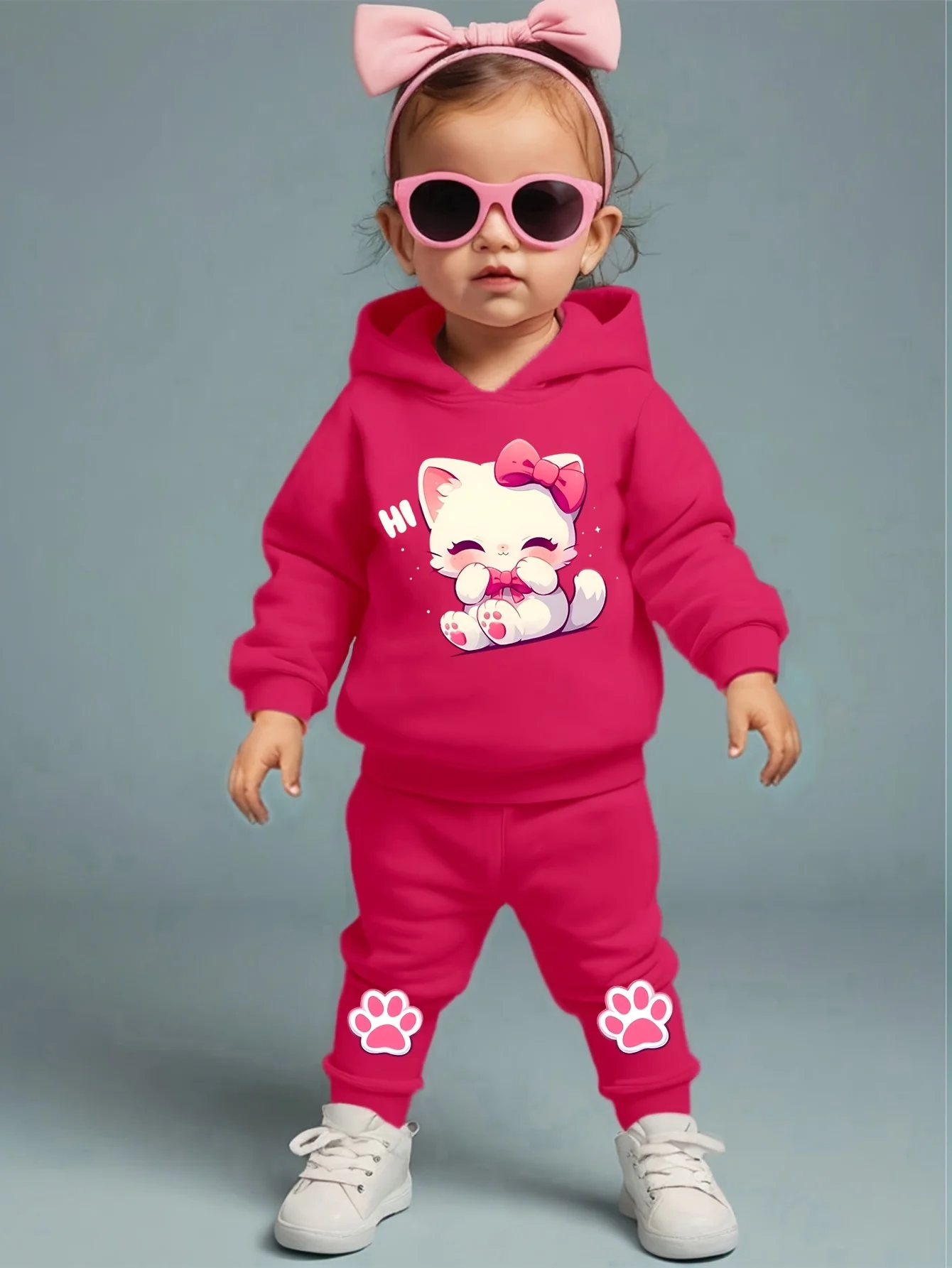 Cute Cartoon Cat Pattern Long Sleeve Fleece Romper + Casual Sports Pants Set for Baby Girls Spring Autumn Gift