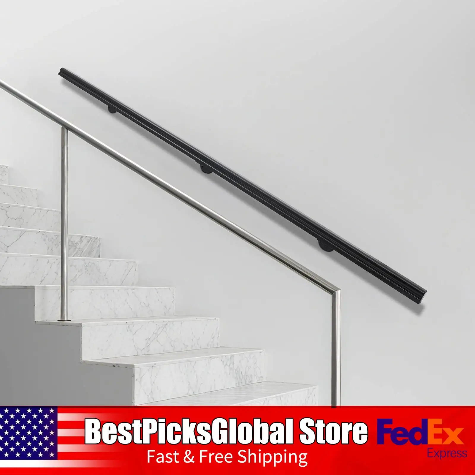 

7FT Stair Railing Handrails, Black, Anti-Slip, 330lbs Load, Wall-mounted Pine Wood Handrail with Brackets for Indoor Stairs