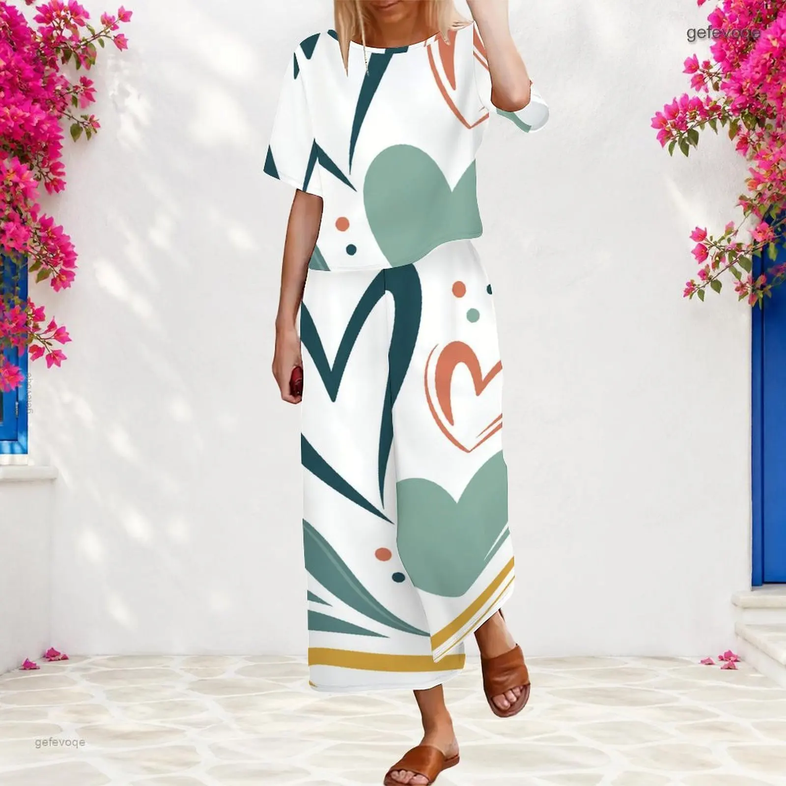 Women 2 Piece Outfit Round Neck Short Sleeve Top With Elastic Waist Wide Leg Pants Set Custom Print Ladies Casual Loungewear