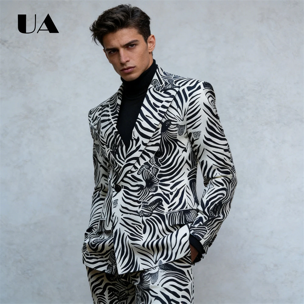 

Zebra Print Two Piece Suit, Men's Formal 2-Piece Suit for Party Prom, Singer Costume Performance Suit Tuxedo Blazer Pants