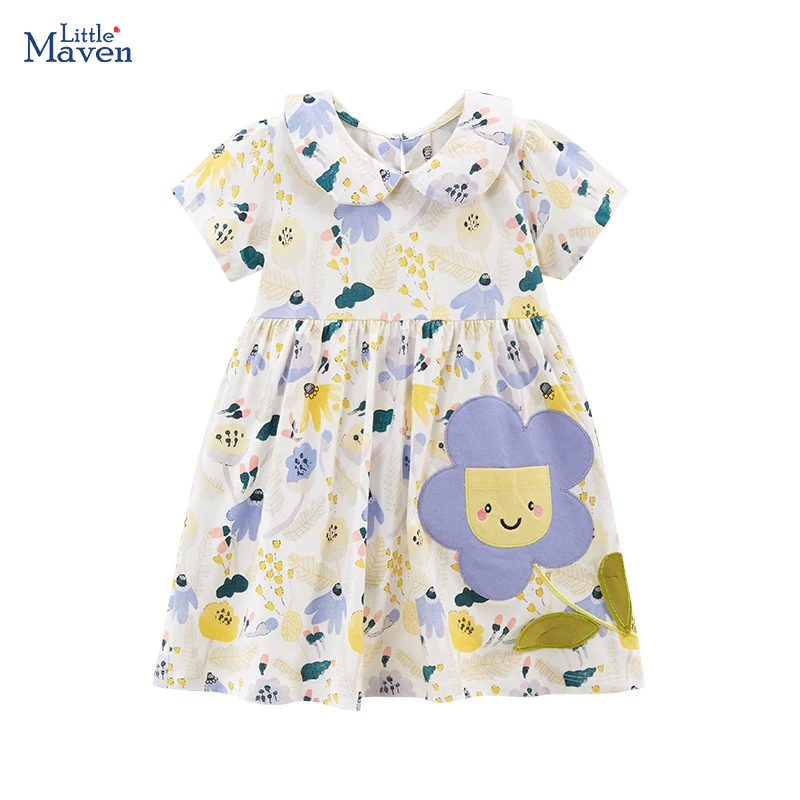 Little Maven 2024 Summer Dress Baby Girls Clothes Cartoon Embroidery Flowers Dresses Children's Clothing Vestidos Cotton