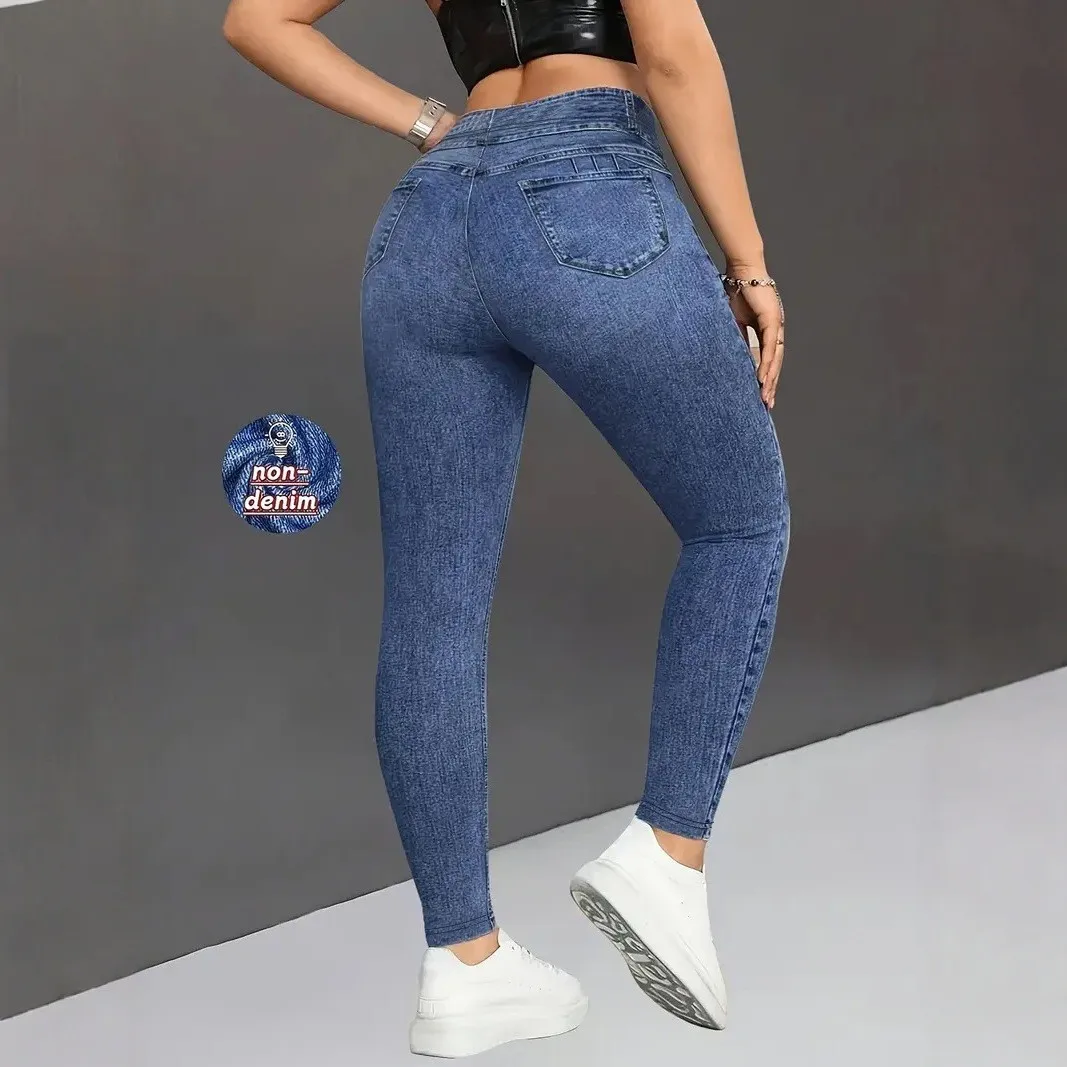 Damen High-Waist Hose in Denim-Optik, Slim Fit, Elastischer Bund, Bauchkontrolle, Po-Lifting, Lässige Hose – Detail 4