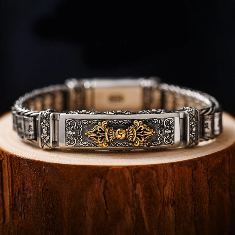 OUYADI Vintage Two-tone Stainless Steel Bracelet for Men, Retro Embossed Carved Thick Chain Fashion Wrist Jewelry Gift Wholesale