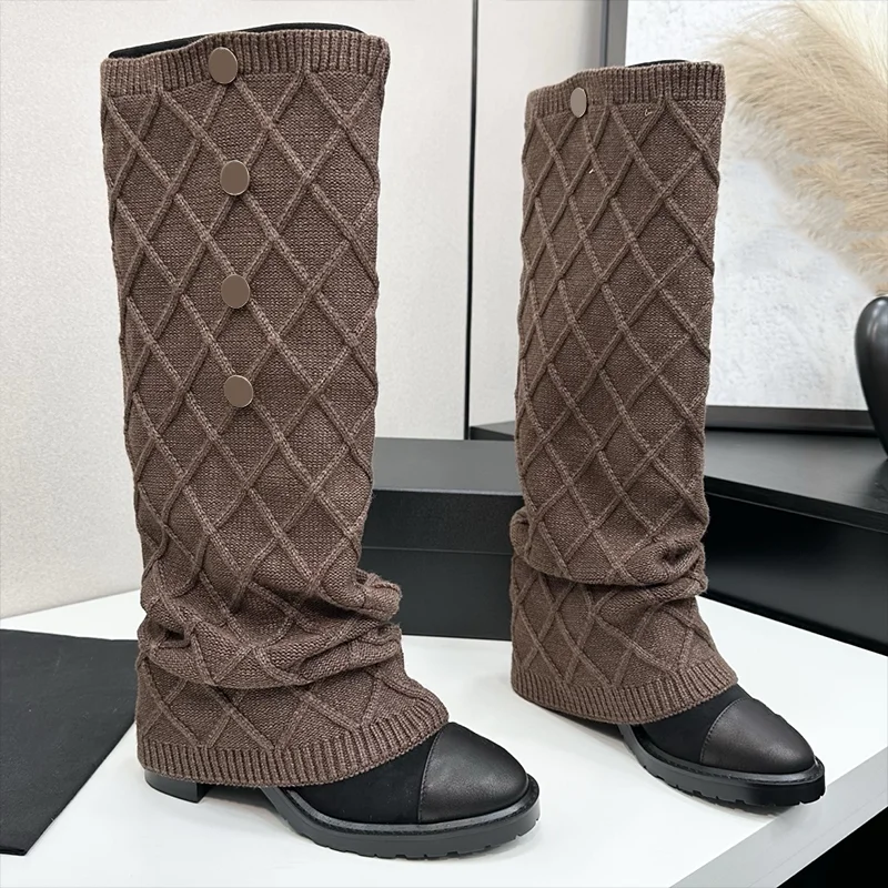 

High quality 2025 Spring/Summer New Leather Knee Length Boots with Knitted Diamond Pattern Shoe Covers 25091605