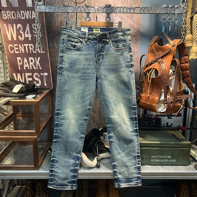 

Американские винтажные повседневные синие потертые джинсы для мужчин, узкие эластичные брюки прямого кроя, весна-осень 2021, высокое качество