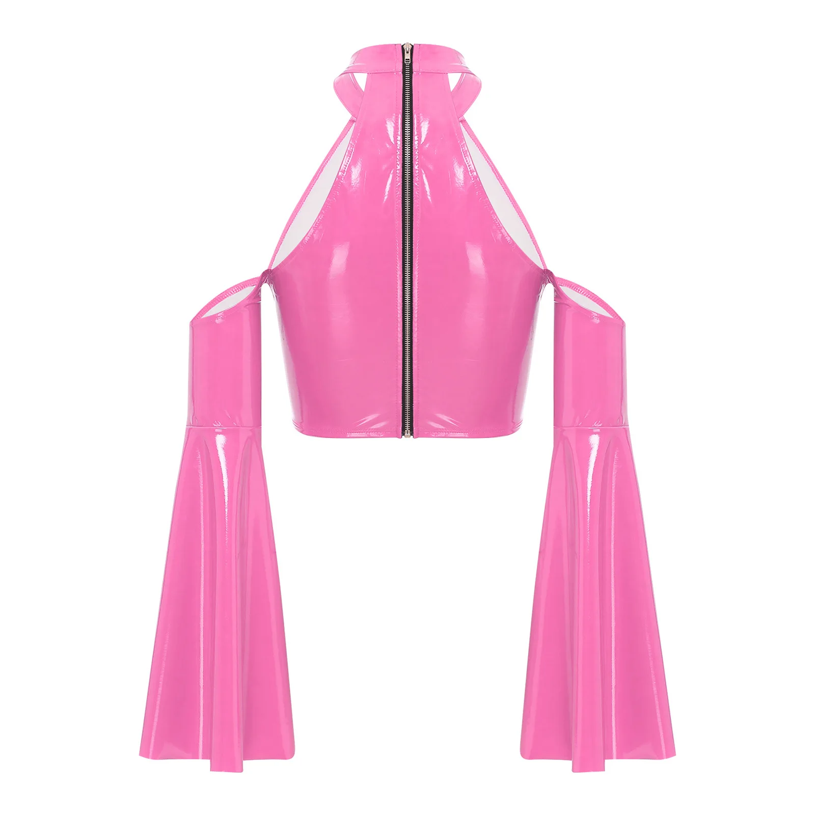 Tops cortos de látex de cuero PU brillante para mujer, Tops cortos con cuello Halter en la parte delantera y cremallera trasera, Tops de aspecto húmedo, ropa para discoteca, Tops de baile en barra Raves bar