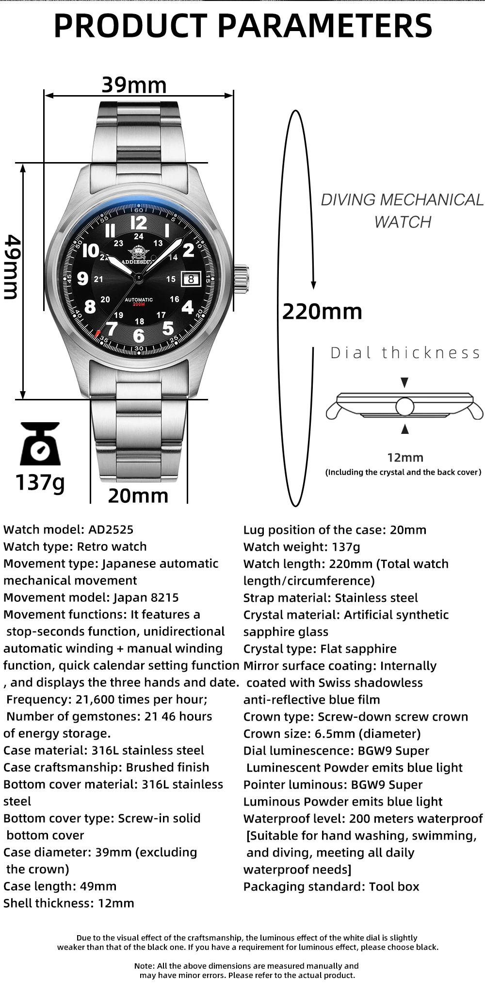 ADDIESDIVE Men Luxury Automatic Mechanical Watch 8215 Movement Sapphire Glass 200M Waterproof Luminous Analog Wristwatches AD2525