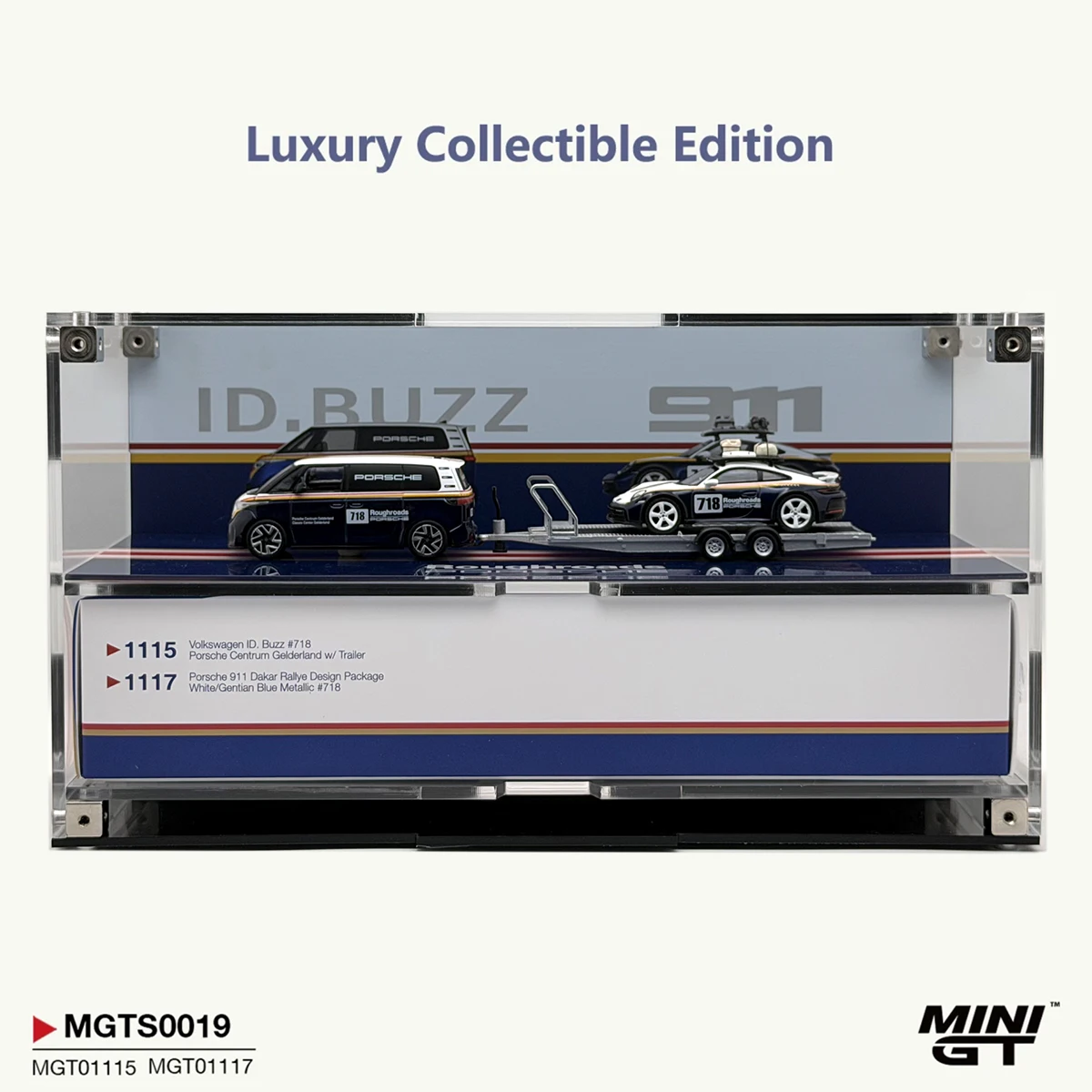 MINIGT MGTS0019 1:64 Roughroads Porsche Rally Set ID.Buzz + 911 + Trailer Limited Luxury Acrylic Display Edition Diecast Model image 2