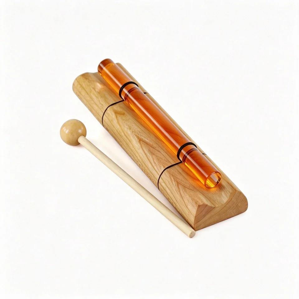 Orange Crystal Sound Tube Set with Wooden Base Mallet Velvet Bag, Quartz Resonance Pipe for Chakra Sound Healing Meditation