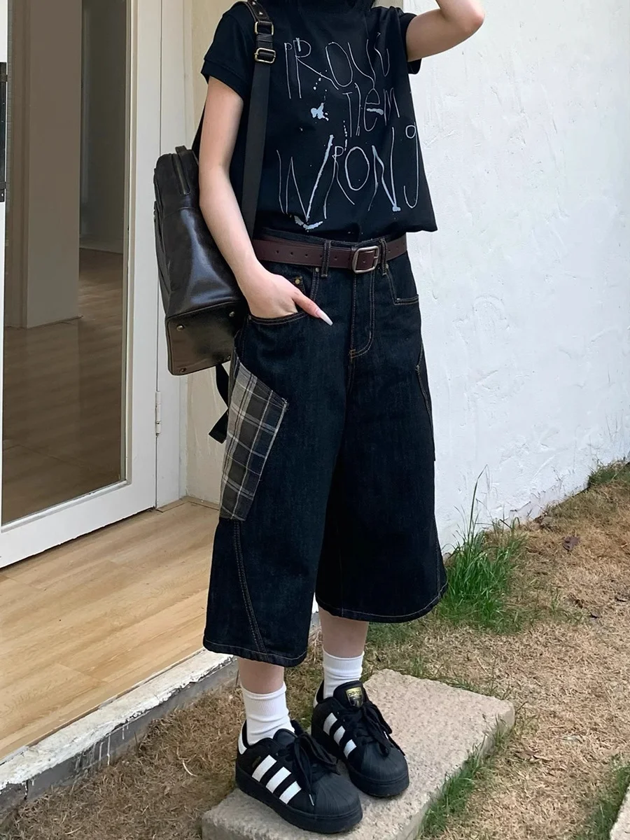 

American Plaid Workwear Patchwork Denim Shorts Women Summer Casual Wide Leg Seven-Foot Pants High Waist Zipper Pocket