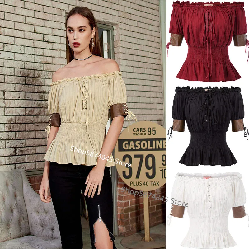 Medieval Costume Blouse Tops for Women S-2XL Pirate Shirt Short Sleeves Steampunk Blouses Off Shoulder White Red Beige