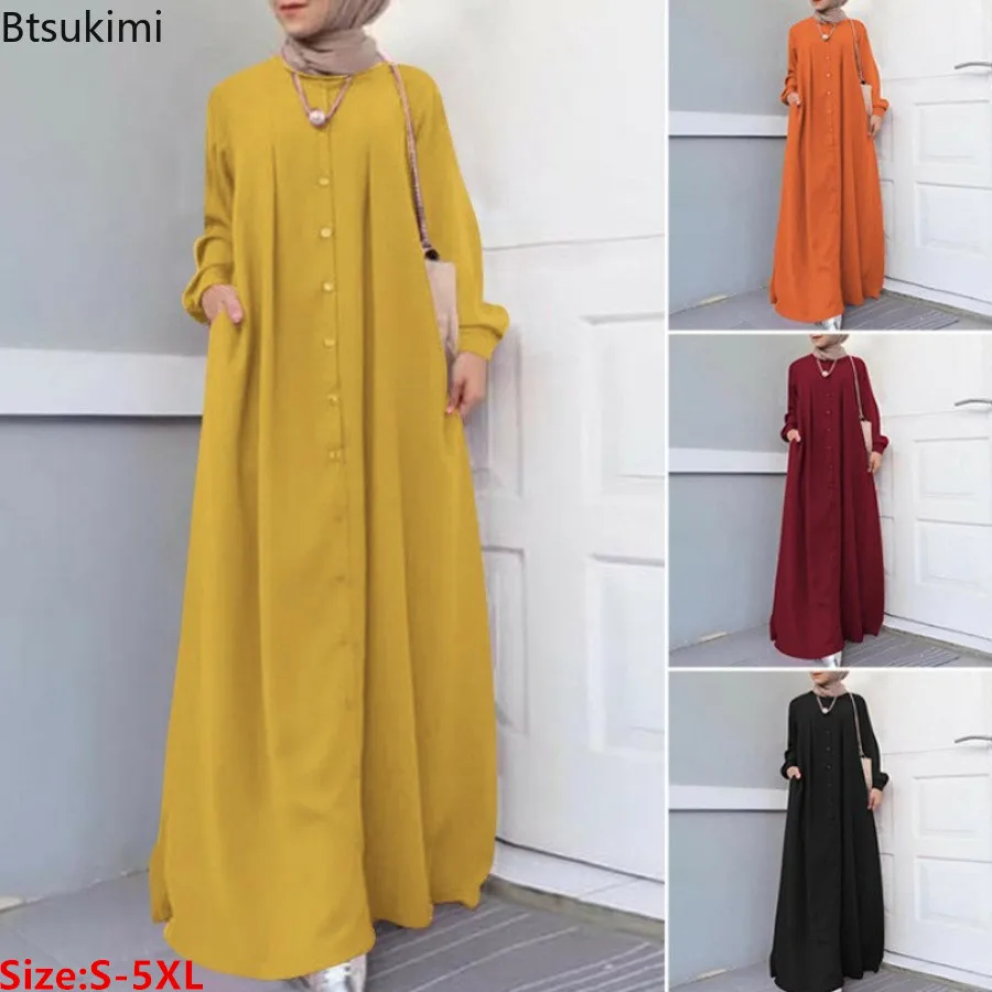 2024Spring Autumn Maxi Long Dress Women Muslim Long Sleeve Dress Loose Casual Dresses Vintage Hijab Islamic Clothing Caftan Robe