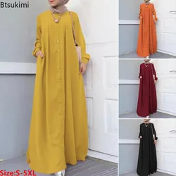 2024Spring Autumn Maxi Long Dress Women Muslim Long Sleeve Dress Loose Casual Dresses Vintage Hijab Islamic Clothing Caftan Robe