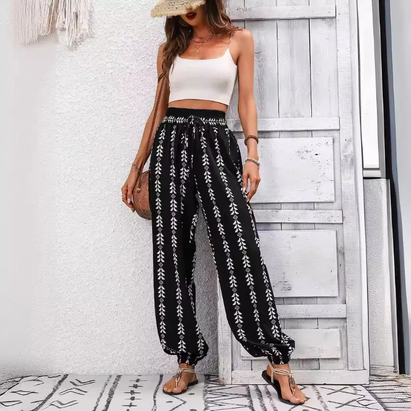 

2025 Summer Printed Loose Casual Lantern Pants Women Elastic High Waist Drawstring Fashion Versatile Hipster Street Trousers