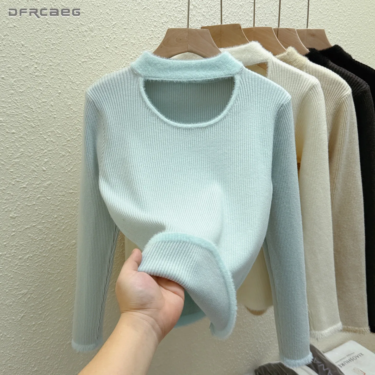 الخريف الشتاء الجوف خارج المرأة سميكة محبوك أعلى عالية وهمية الرقبة تريكو الملابس الدافئة الناعمة سترة #1