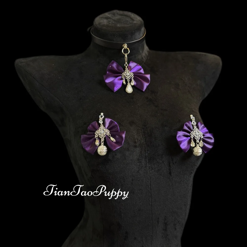 مجموعة صنم BDSM مع قلادة جلدية ومشابك للحلمة، سلسلة جسم قابلة للإزالة بعقدة على شكل فيونكة أرجوانية، مشابك سيليكون قابلة للتعديل للنساء #4