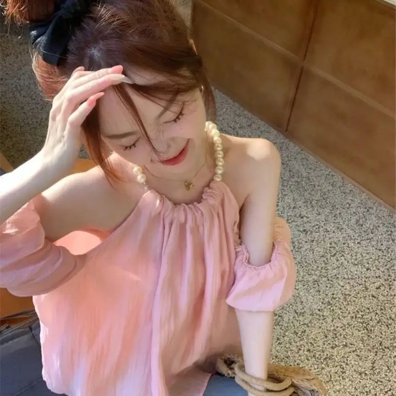 Perłowa bluzka na ramiączkach typu halter, damska, letnia, nowa, słodka, bez ramiączek, z bufiastymi rękawami, w stylu koreańskim, do biura, damska.