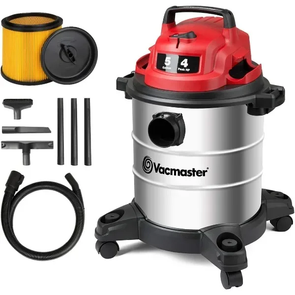 Vacmaster Red Edition VOC508S 1101 Stainless Steel Wet Dry Shop Vacuum 5 Gallon 4 Peak HP 1-1/4 inch Hose Powerful Suction