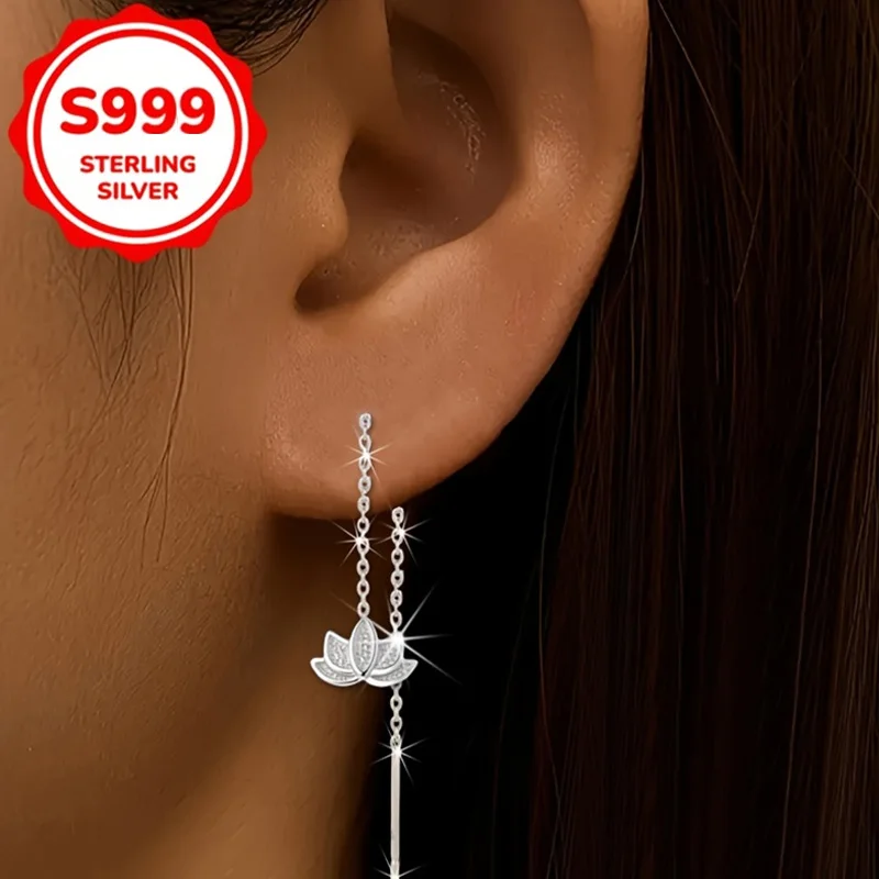 S999 فضة زهرة اللوتس شرابة استرخى أقراط للنساء هيبوالرجينيك خفيفة الوزن مجوهرات بسيطة هدايا عيد الميلاد