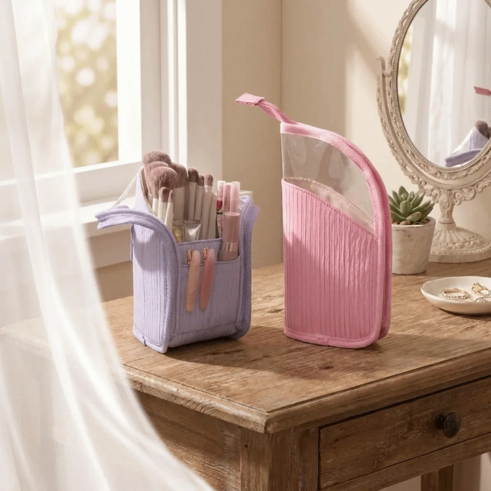 Large Capacity Vertical Cosmetic Bag Portable Visible Makeup Brush Case Standing Waterproof Travel Storage Pouch Travel