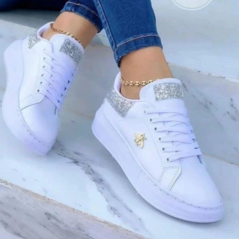 White Sequins Sneakers Women Bees Thick Bottom Trainers Korean Style Round Head Running Shoes Fall Lace Up Flats Sapato Feminino