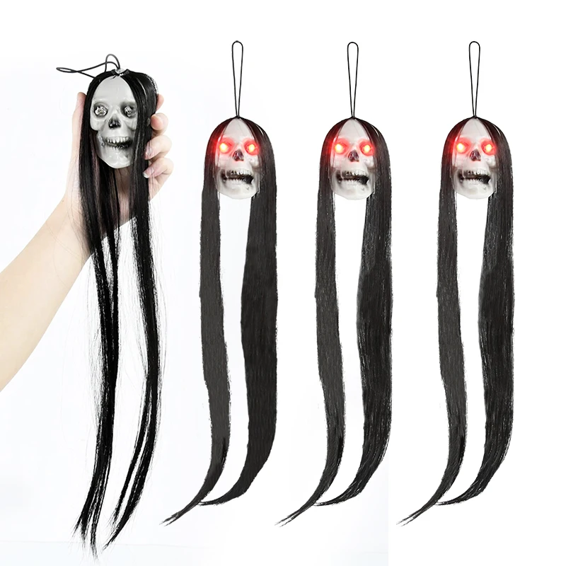 Halloween LED Glow Schädel Geist Licht 50CM Glow Hängen Langhaarige Schädel Anhänger Halloween Dekoration Spukhaus Horror Prop