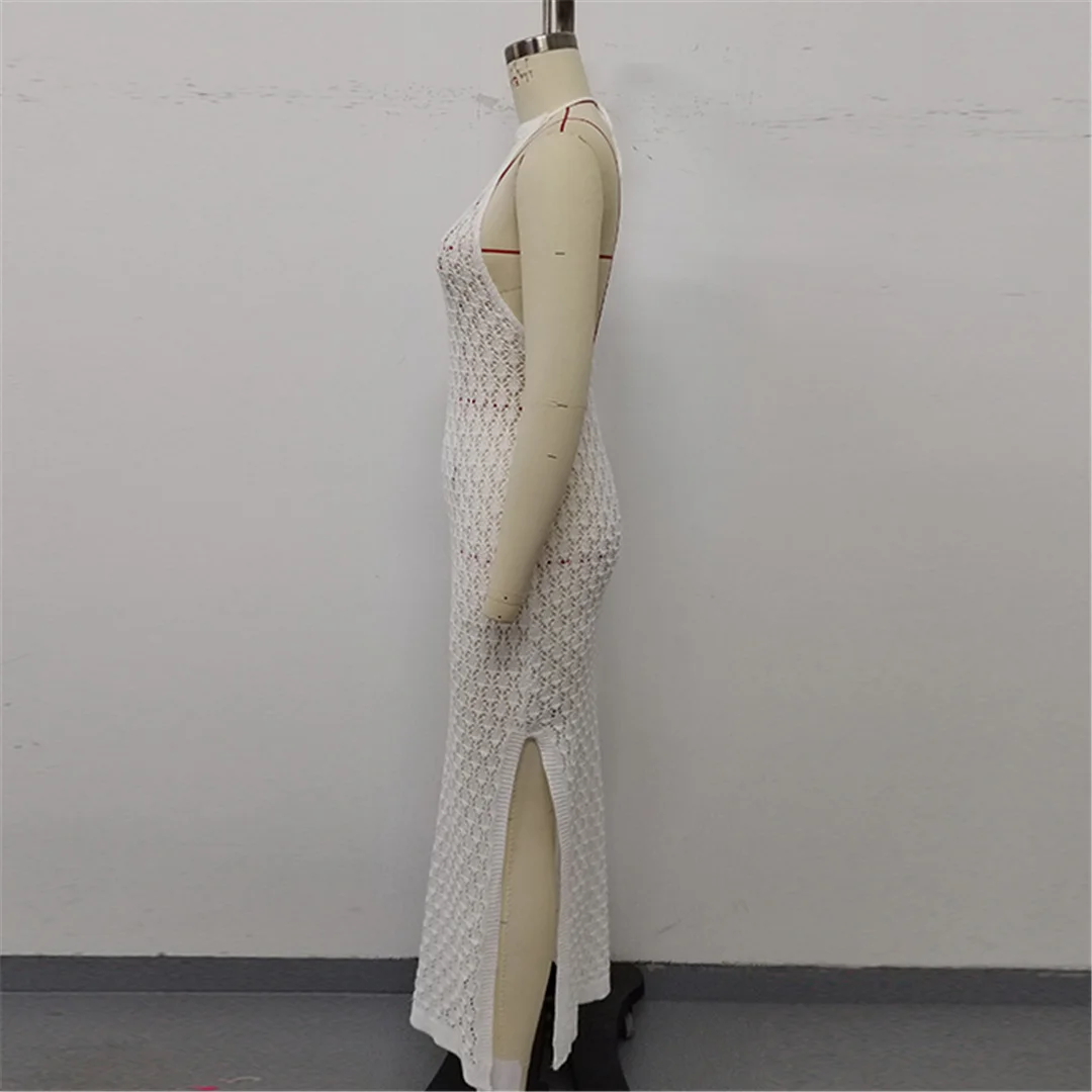 Halterneck, rückenfreies, gehäkeltes, gestricktes Tunika-Strandkleid, Strandkleid, Strandmode, Damen V6718 – Detail 18