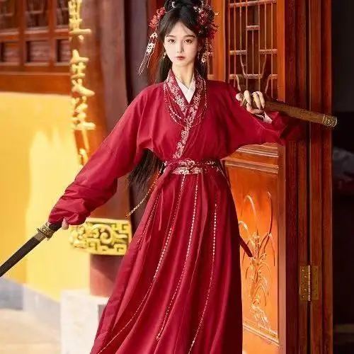 

Chinese National Style Costume Red Traditional Cross Collar Fairy Martial Hanfu Girls Halloween Event Cosplay Outfits Stage Suit