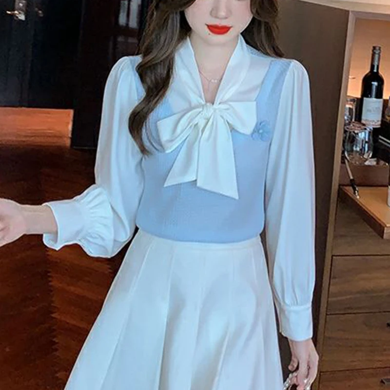Spring Autumn Fake Two Pieces Bow Pullover Shirt Ladies Long Sleeve Sweet Fashion All-match Patchwork Top Women Casual Blouse