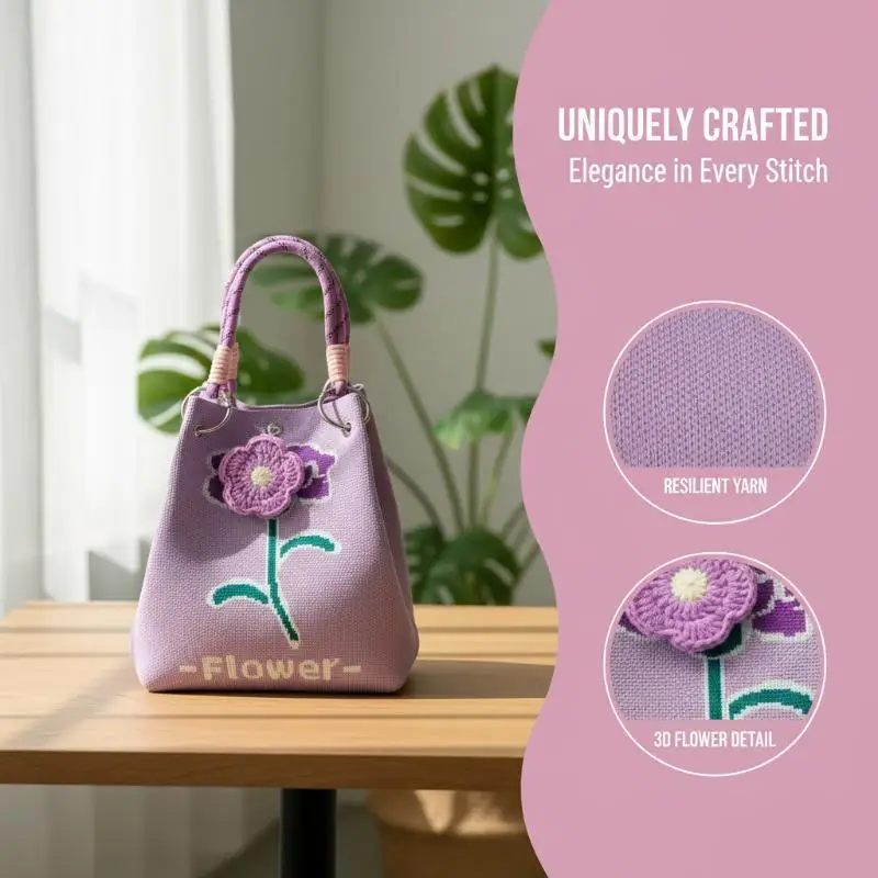 Lightweight Knitted Mini Tote Bag Cute Smiling Tulip Plush Charm Floral Print Ideal Gift for Best Friends