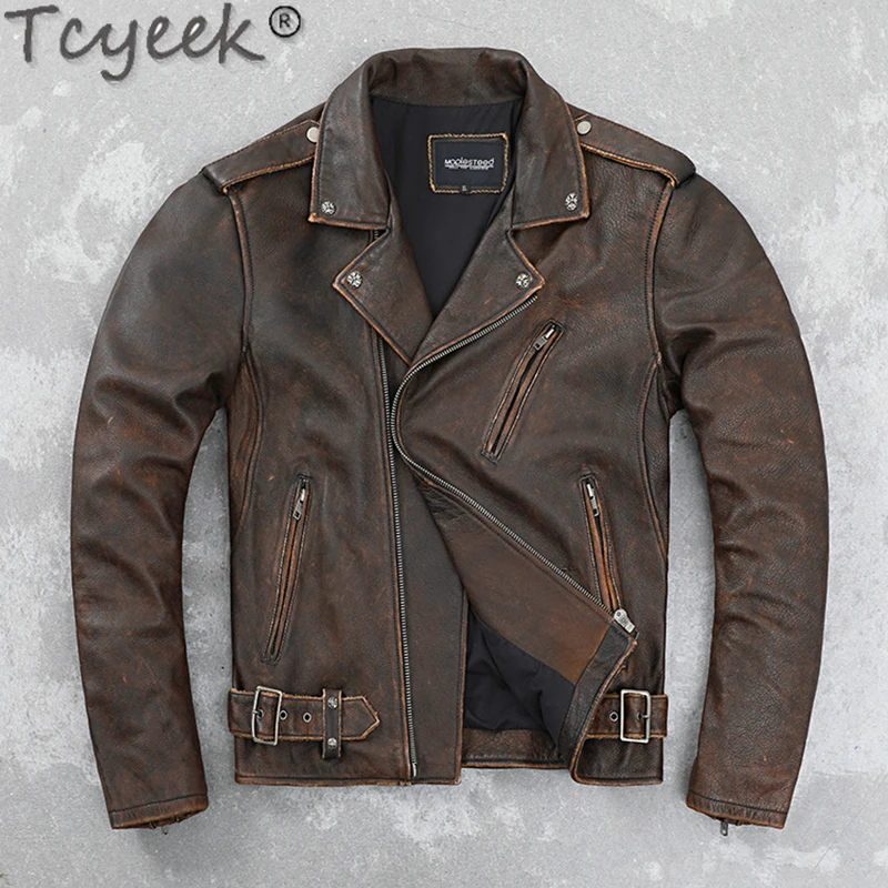 Tcyeek Genuine Leather Jacket Men Moto&biker Jacket Top Layer Cowhide Coats Male Spring Autumn Leather Coat 2024 Jaqueta Couro