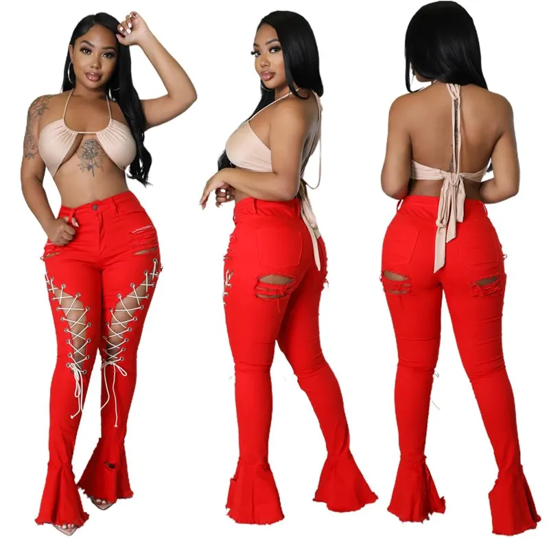 midden taille geperforeerde chien eye vloermop denim uitlopende broek dames faion hoge taille wijde pijpen jeans bla kleur