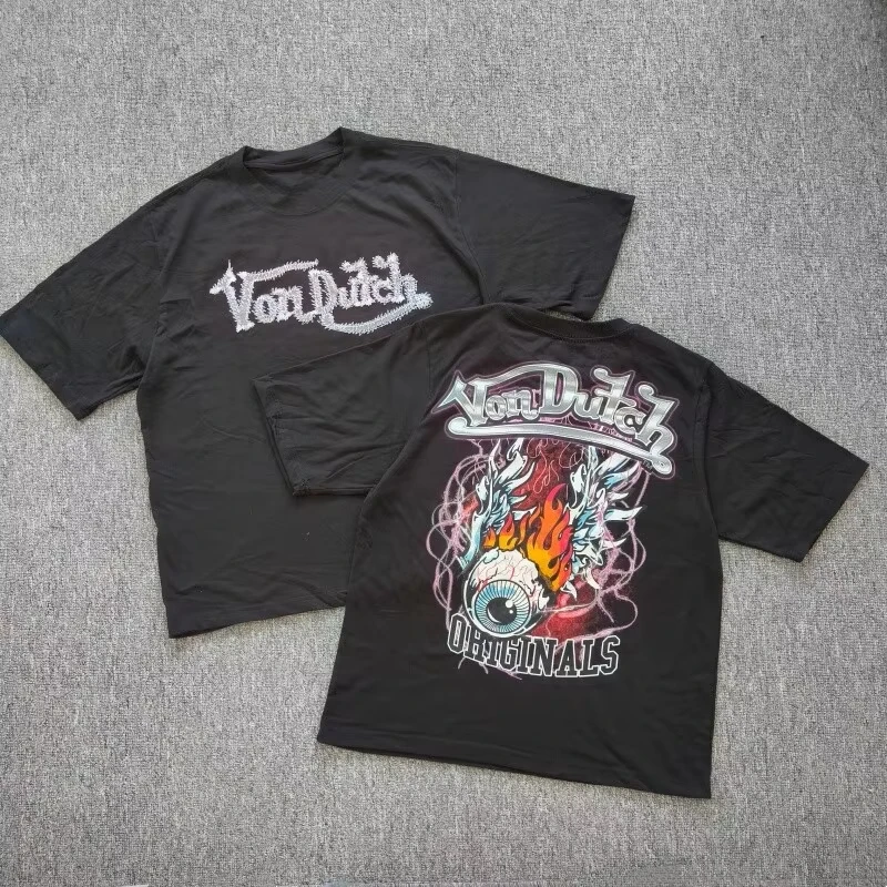 2026 New Men Black Short Sleeve T-shirt Vintage Flame Eyeball Street Graphic Cotton Tee