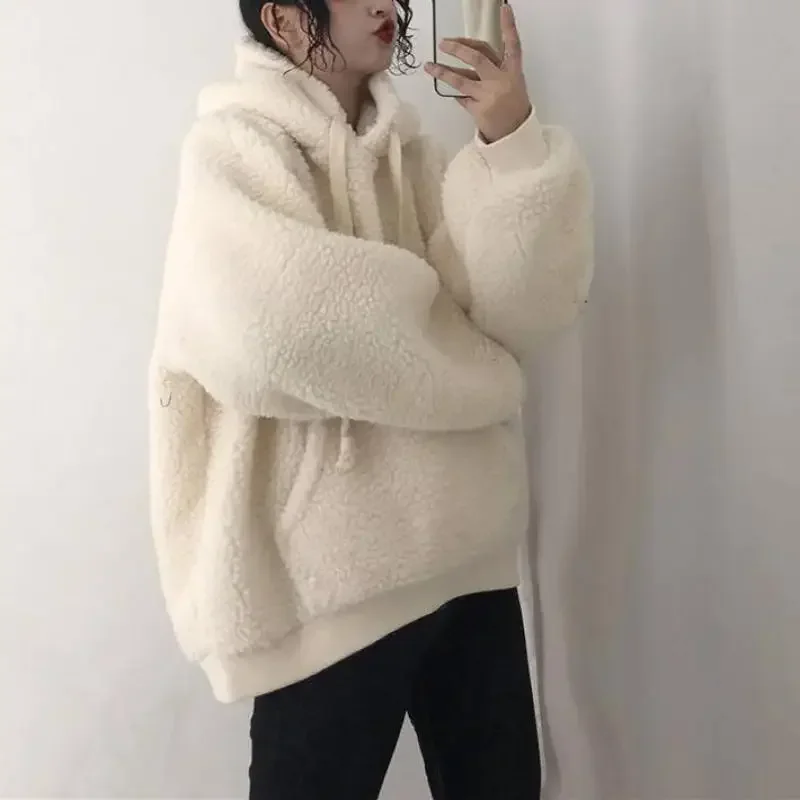 Winter Loose Long-sleeved Lamb Plush Warm Ladies Pullover Plus Velvet Thickening Casual Loose Lantern Sleeve Women\'s Hoodie