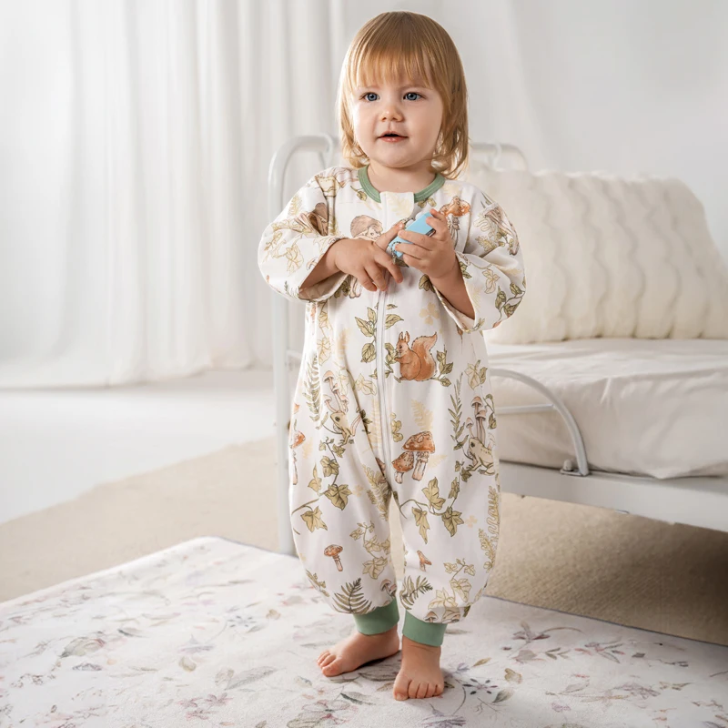 

OUYUN Baby Split-Leg Sleep Sack 100% Cotton, Mid Sleeve Wearable Blanket Anti-Kick, Spring Autumn 80-110