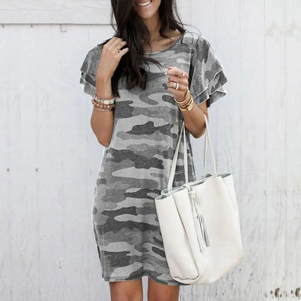 

Camouflage Print Dress Stylish Camouflage Print Mini Dress with Layered Ruffle Cuffs Trendy Summer Women's Casual Above Knee