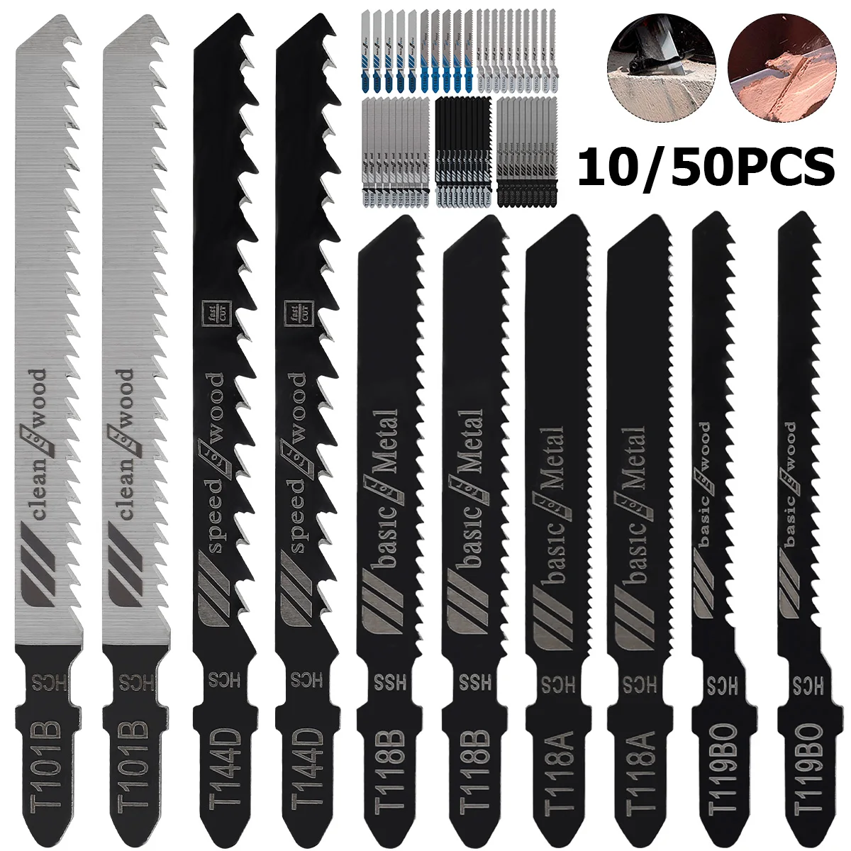 10/50pcs Jig Saw Blade Set Carbon Steel Assorted Saw Blades with T-shank Fast Cut Down Jigsaw Blade Wood Thin Metal Cutting Tool