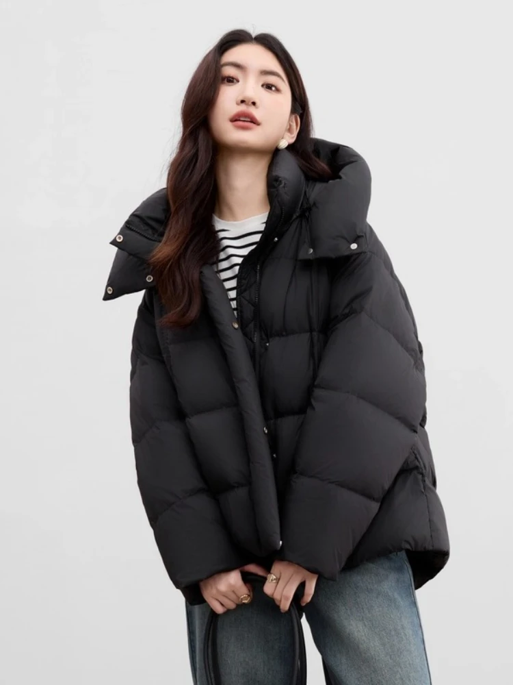 SENTUBILA Women's Zero-Pressure Solid Puffer Jacket Winter 2025 Lightweight Warm Graphene Loose Fit Short Down Coat W54YC1882