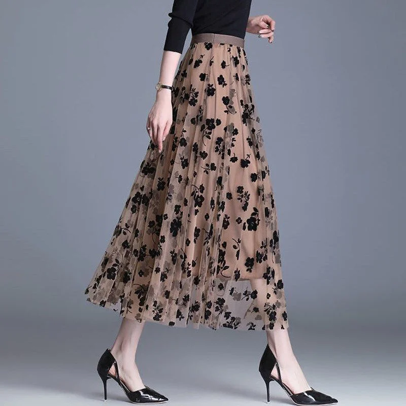 Korean Women Mesh Skirt Fashion Hook Flower Loose Midi Skirt Elegant Female Casual All Match Skirts Winter New Office Lady OL