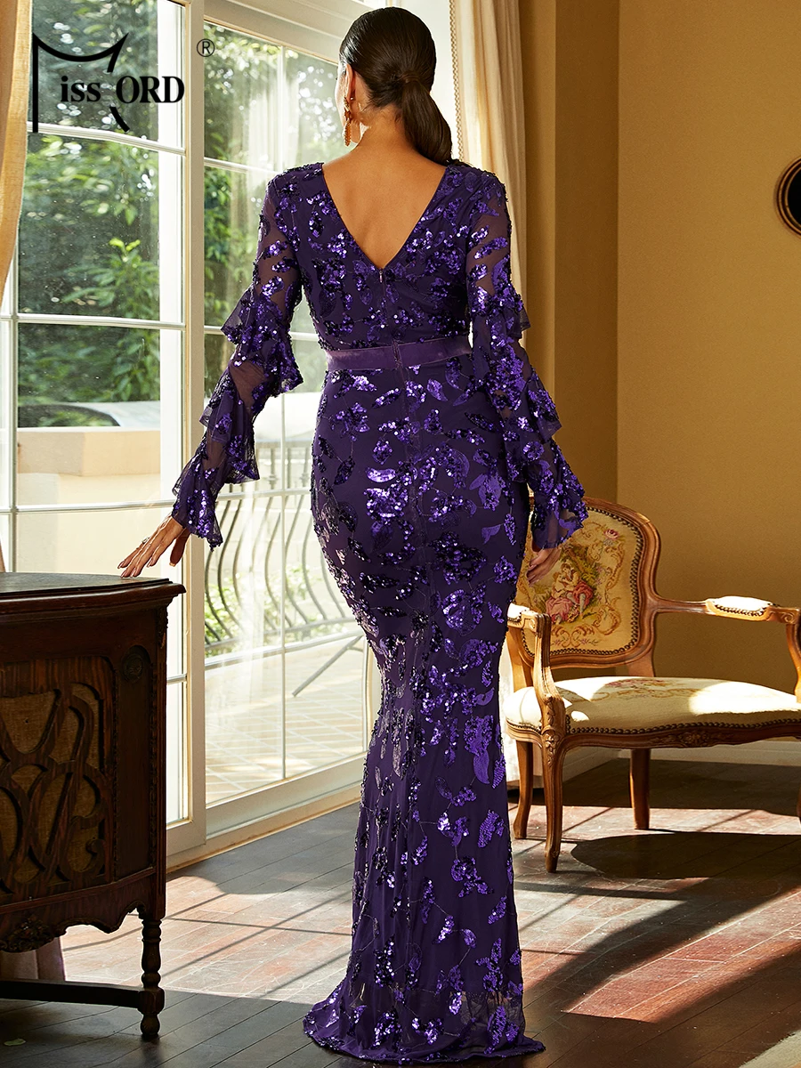 Missord Elegant Purple Sequin Wedding Party Dress Women V Neck Ruffles Long Sleeve Bodycon Cocktail Prom Dresses Evening Gown