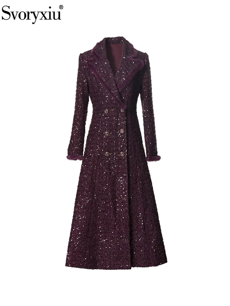 Svoryxiu Fashion Runway Autumn Purple Vintage Overcoat Women's Turn-down Collar Double Breasted Long Sleeve Sequins Overcoat