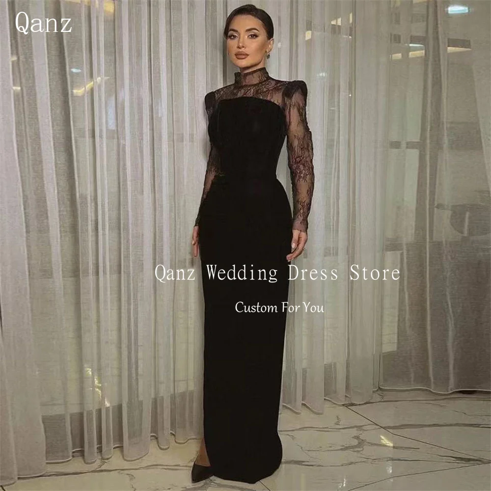 Qanz Sexy Customized Evening Dresses Mermaid Modest Black High Neck Full Sleeve Lace Prom Gowns Leg Slit Robe De Soiree Femmes