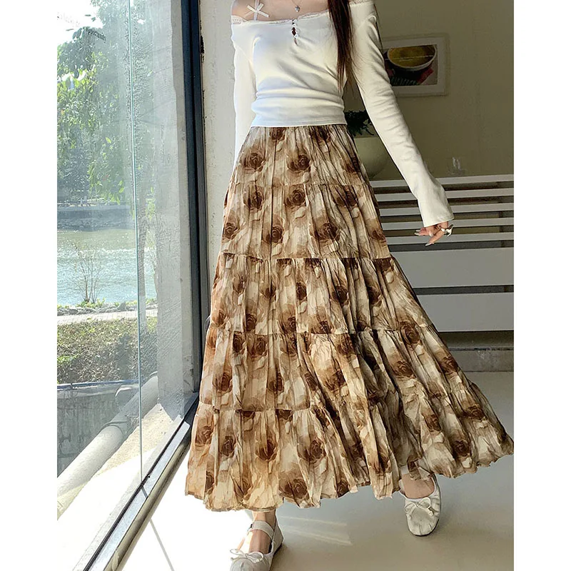 MiiiiX Korean Retro Floral Long Skirt Simple Versatile Loose Elastic Waist A-line Spliced Swing Skirt New Autumn Women's Clothes