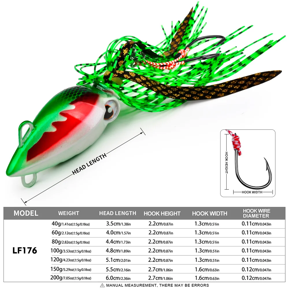 1 Stück 6 Farben 40-200g Blei-Jigging-Angelköder mit Doppelhaken, im Dunkeln leuchtender, eisenbeschichteter Köder für Seebarsch und Tintenfisch – Detail 2