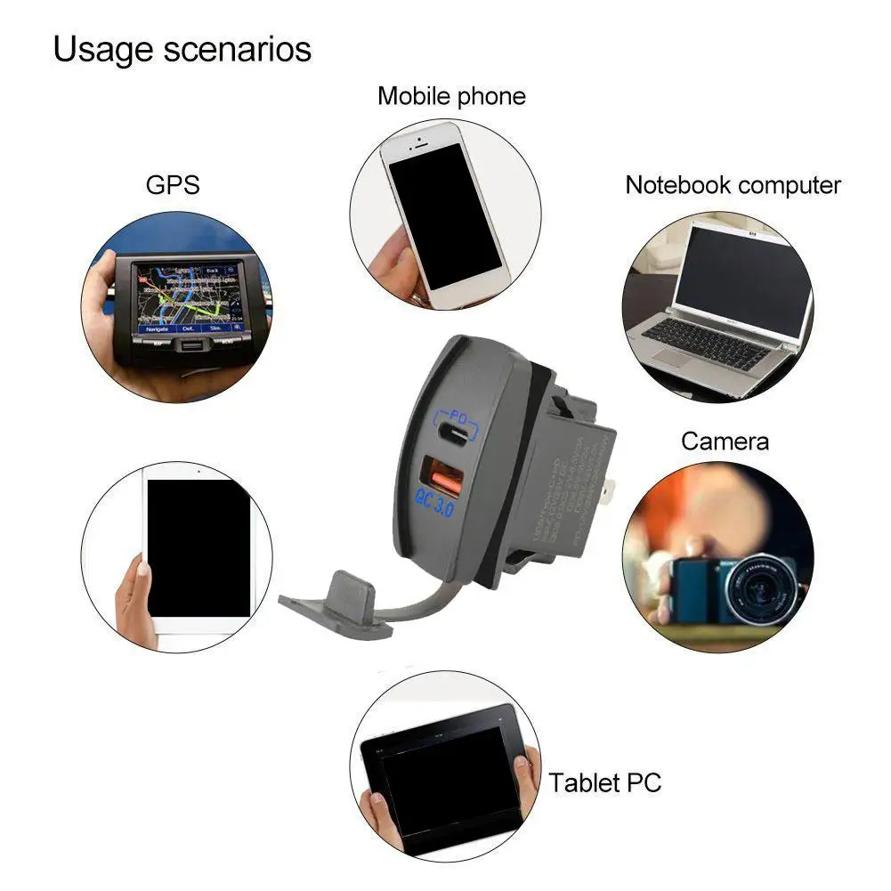 Cargador de coche, interruptor de barco, voltaje, motocicleta, modificación USB Dual, TYPE-C, cargador de coche con carga rápida PD