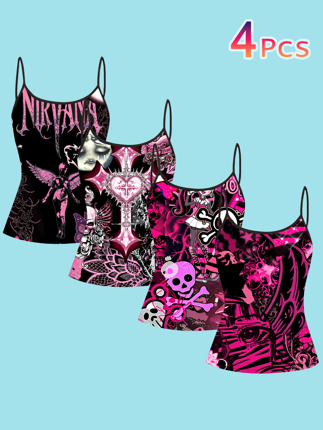 4-Piece Set of Women's Y2K Pink and Black Gothic Print Camisoles with Angel Cross Cartoon Girl Skull Design, Slim-Fit Spaghetti Strap Inner Tops