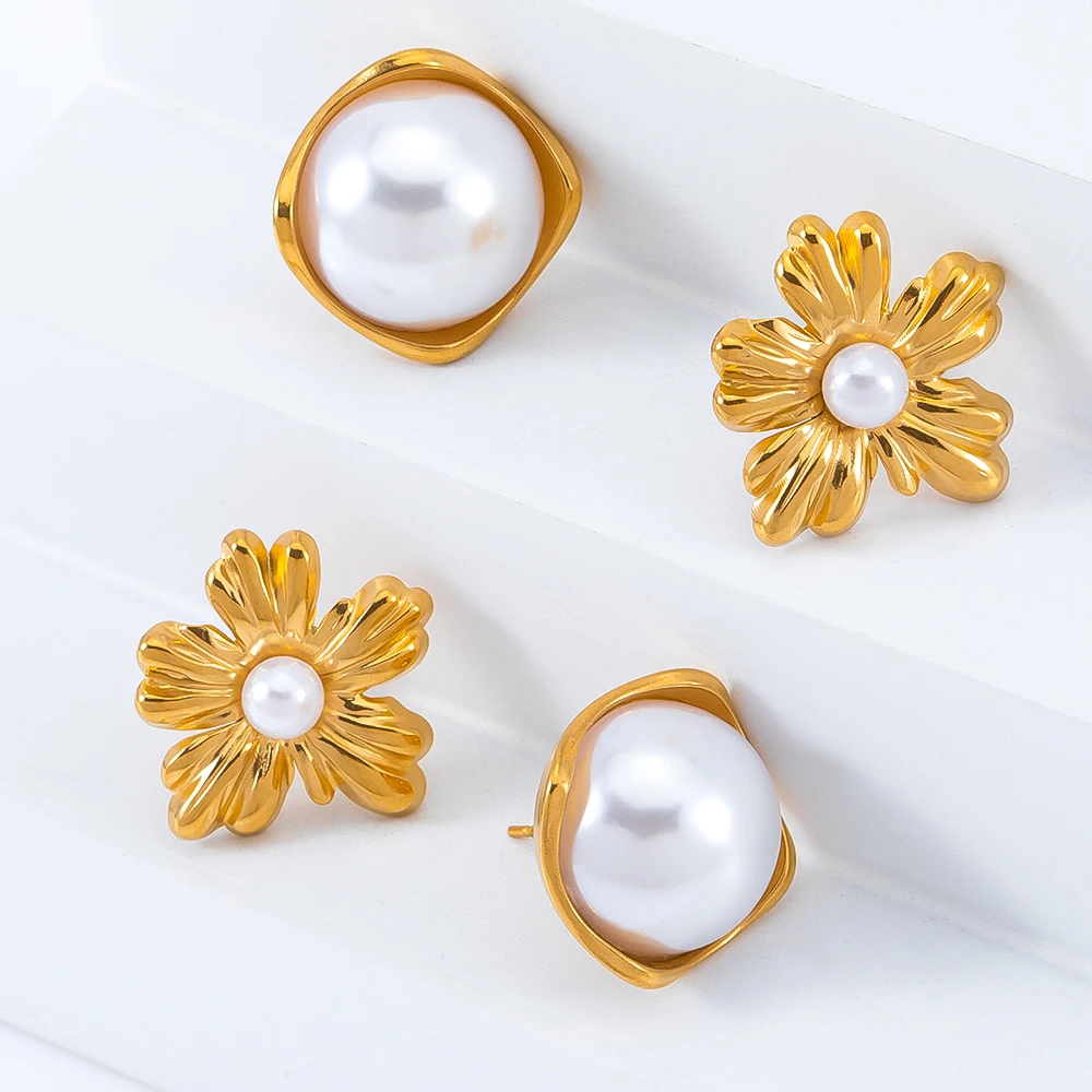 1Pair Stainless Steel Imitation Pearl Stamen Vintage Stripe Flower Stud Earring Base with Earplugs for Women Girl Jewelry Making